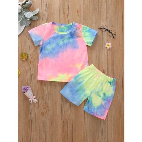 2021 2 Pieces Kids Suit Set, Girls Tie-Dye Print Round Collar Short Sleeve T-Shirt+ Short Pants for Summer, 1-7 Years