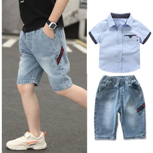 IENENS Summer Boy Short Sleeves Clothing Set Shirt + Denim Shorts Suit Kids Clothing Outfit 4-11 Years Cotton Child Wear