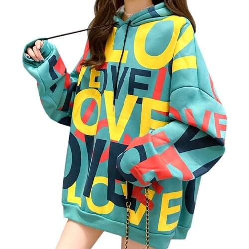 Plus Cashmere Fashion Winter Women Clothing Hoody Mid-length Lady Sweatshirt Harajuku Graffiti Letters Love Female Pullover 2021