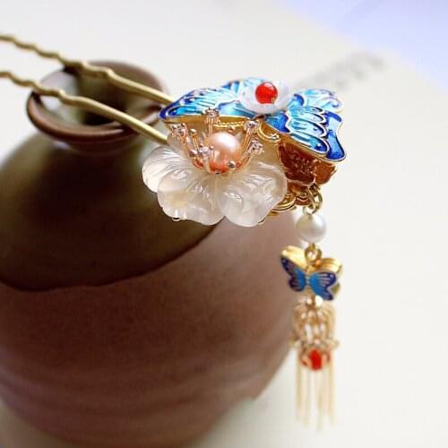 Cloisonne Butterfly Hairpins Wedding Bridal Accessories Hair Stick Ancient Costume Headpiece White Chalcedony Vintage Jewelry