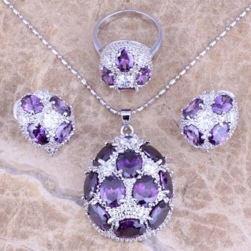 Outstanding Purple Cubic Zirconia White CZ Silver Plated Jewelry Sets Earrings Pendant Ring Size 6 / 7 / 8 / 9 / 10 S0246