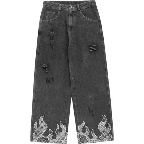 Men Vintage Hole Jeans Flame Patch Embroidered Straight-leg Pants Distressed Fashion Baggy Jean High Street Punk Denim Trousers
