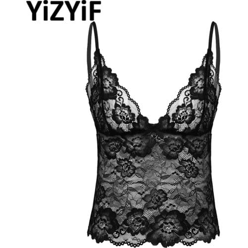 Mens Sissy Sexy Crop Top Erotic See Through Sheer Lace Sissy Lingerie For Men Deep V Neck Camisole Vest Crop Top Sexy Nightwear