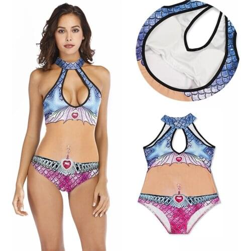 2021 New Ladies Beach Bikini 3D Printing European and American Sexy One-piece Swimsuit with Chest Pad and Open Back