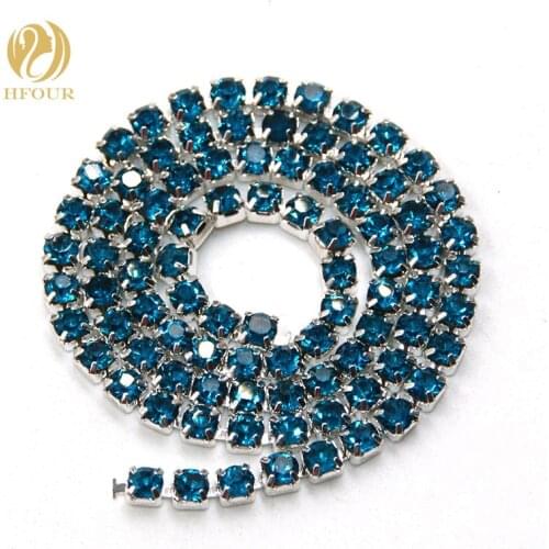 New 5yard/pack High quality Sliver base Peacock Blue glass crystal Rhinestones Cup Chain DIY clothing/Wedding dress Accessories