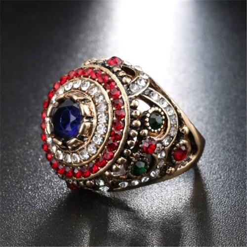 Charm Design Vintage Wedding Rings For Women Red Crystal Color Antique Gold Big Size Resin Ring Punk Turkish Unique Jewelry Gift