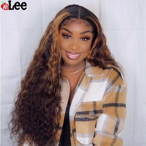 Deep Curly Wave Highlight Wigs Human Hair Colored 13x4 Lace Front Wigs Ombre Blonde Color Bleached Knots Curly Lace Closure Wig