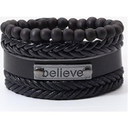 Braided Believe Khaki Black woodBeads Wristband Multilayer Leather Bracelets Set Men Bracelets Women Fashion Jewelry Accessories