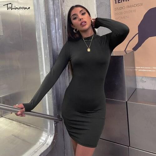 Tobinoone Turtleneck 2021 Spring Sexy Woman Dress Bodycon Black Long Sleeve Skinny Mini Dresses Warm Slim Party Dress Clubwear