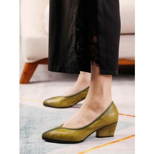 Artmu Original Retro Pointed Toe High Heel Pumps Shoes Womens Fashion Buckle Shallow Mouth Single Shoes New Style Green Yellow