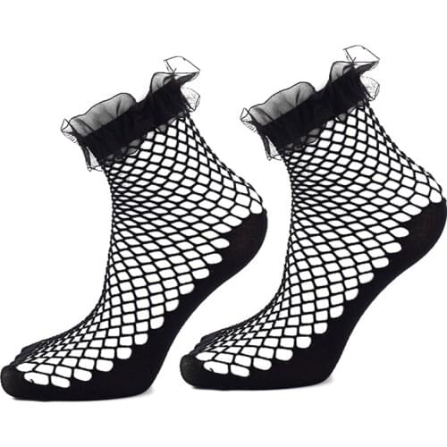 Vintage Fishnet Socks Women Summer Mesh Ankle Silk Socks Black Japanese Fashion Elastic Transparent Lace Frilly Socks Female