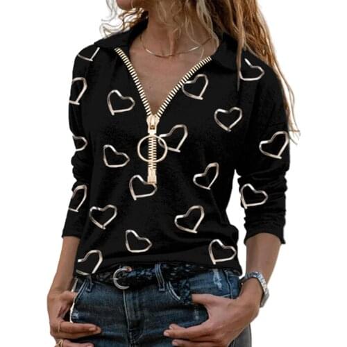 Women Blouse Casual Zipper V Neck Heart Print Cotton Blends Long Sleeve Sweatshirt Blouse shirt Womens Clothing ropa de mujer