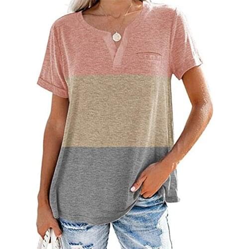 Summer T-Shirt Women Hit Color Patchwork V Neck Pocket Short Sleeve T Shirt Tee Top 3XL Plus Size Women Clothes Streetwear