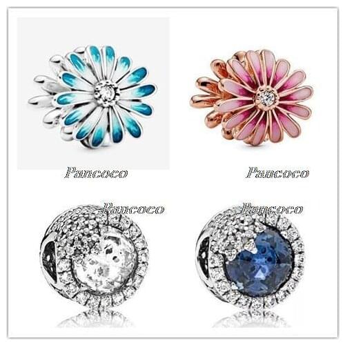 925 Sterling Silver Charm Blue Daisy Flower Charm Bead Fit Women Pandora Bracelet & Necklace Jewelry