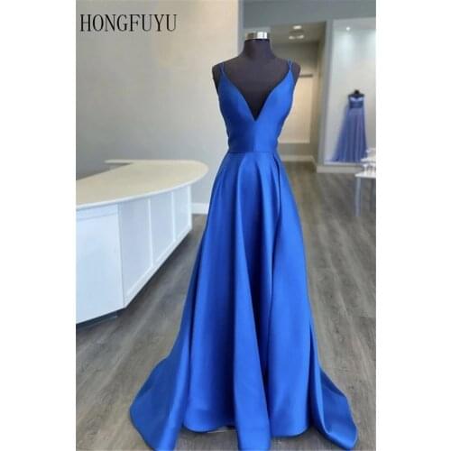 Royal blue A Line Long V-Neck Prom Dresses 2021 Soft Satin Special Occasion Party Gowns Custom Made Backless Evening Dress