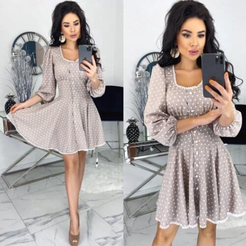 Summer Vintage Square Neck Button A-line Dress Woman Polka Dot Printed Mini Dress White Lotus Leaf Lace Fashion Lady Style 2020