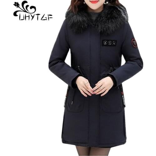 UHYTGF Womens winter coat fashion fur collar casual Parker Women thick hooded Cold protection warm cotton coat 5XL Plus Size 585