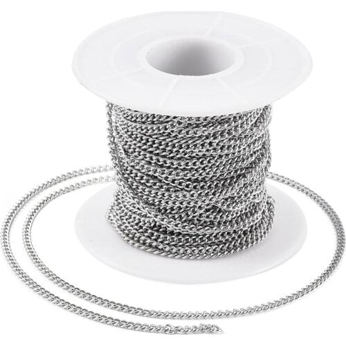 304 Stainless Steel Curb Chains for Jewelry Making DIY Bracelet Necklace Unwelded Stainless Steel Color 2.7x2x0.5mm;10m/roll