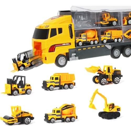7pcs/set Mini Diecast Alloy Car 2in1 Model Engineering Toy Vehicles Carrier Truck with Ejection & Carry Function Xmas Gift