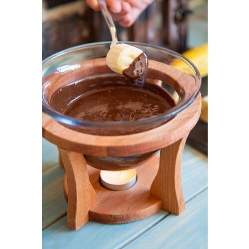 White Porcelain Bowl Fondue Wooden Bottom Fondue Set Fondue Serving Set Cheese, Chocolate, Ice Cream Chocolate Fondue Set