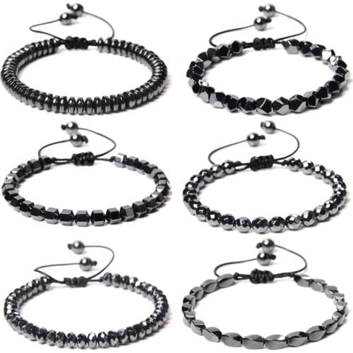 Natural NO Magnetic Faceted Hematite Bracelet Men Black Rope Adjustable Vintage Bracelets Woven Braid Bangle Women Jewelry Deco