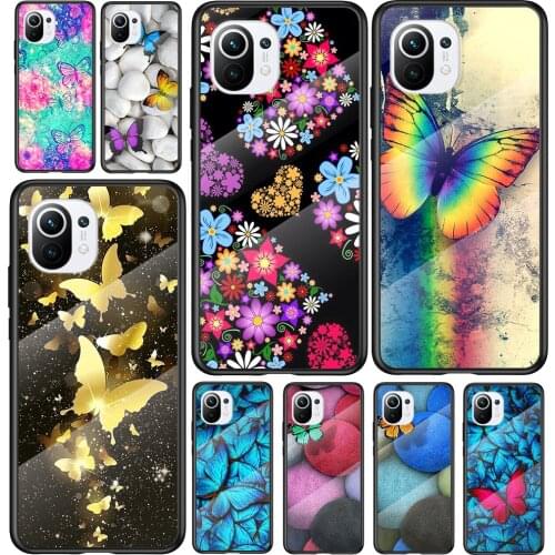 Tempered Glass Cover Colorful Butterfly For Xiaomi Mi 11 11i 10T CC9E CC9 9T Note 10 Ultra Pro Lite 5G Phone Case