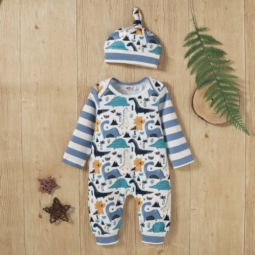 Baby Kids Clothes Rompers Autumn Toddler Baby Girls Boys Cartoon Dinosaur Romper Jumpsuit+Hats Outfits Set Kids Clothing