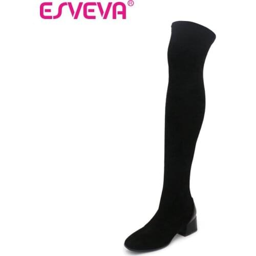 ESVEVA 2021 Stretch Flock Over The Knee Women Boots Retro Square Toe Slip on Women Shoes Square Middle Heel Long Boots Size34-43
