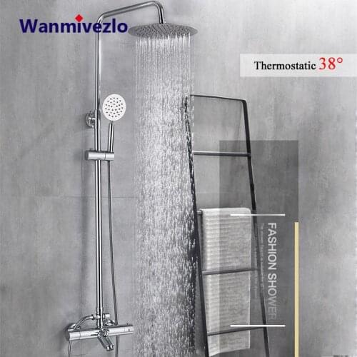 Chrome Thermostatic Shower Faucets Set Wall Mount 8" Ultra thin Shower Head Dual Handles Thermostatic Mixer Tap Valve Shower Kit