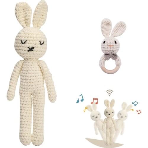 1 Pc Rabbit Crochet Wool Doll Baby Teether Wooden Toys Mobile Pram Crib Ring Rattle Chewing Teething Nursing Soother Molar Toy