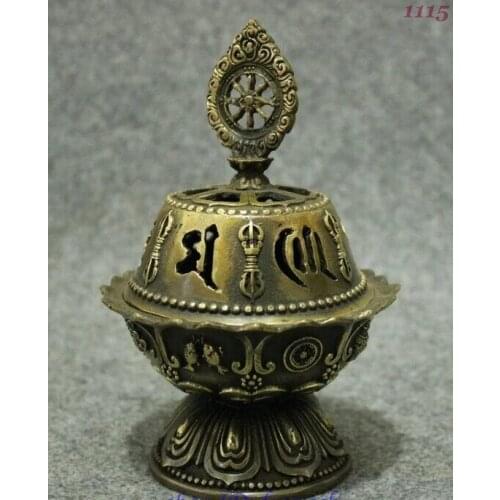 Chinese Folk Copper Buddhism Auspicious Lotus Statue Vajra Incense Burner
