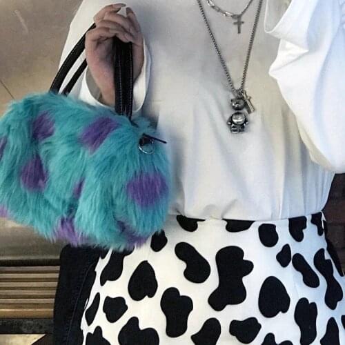 Contrast Color Women Small Shoulder Bags Fashion Design Cool Girls Furry Clutch Purse Handbags Soft Plush Ladies Crossbody Bag