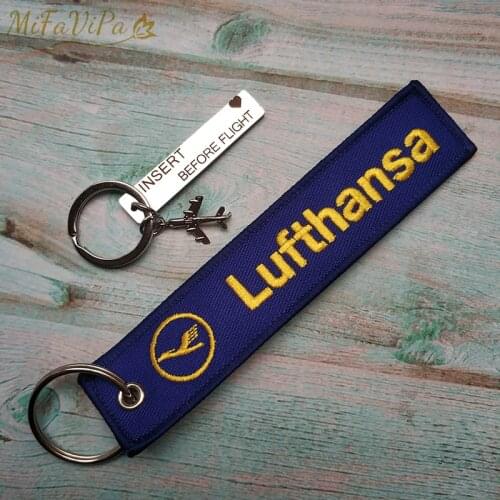 MiFaViPa 2 PC Blue Lufthansa Keychain Fashion Trinket Embroidery Key Chain for Men Gift Flight Crew Insert Before Flight Keyring