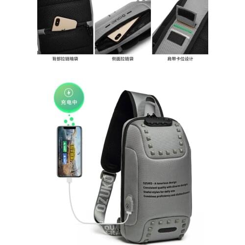 Mens Chest Bag Oxford cloth Messenger Bag Fashion Crossbody Bag USB Charging Outdoor Sports Anti-theft Waterproof Shoulder Bag