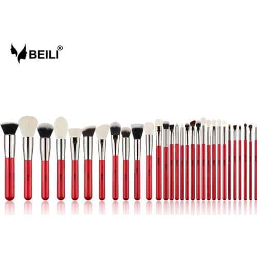 BEILI Red 30 pcs Professional Makeup Brushes Set Natural Hair brush makeup tools for Foundation Powder Blush Eyebrow highlighter
