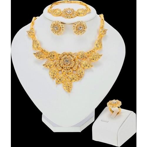 Jewellery Set Gold Color Flowers Necklace Earrings Set Dubai Wedding Ornament Bridal Gifts For Women African Party Jewelry Sets