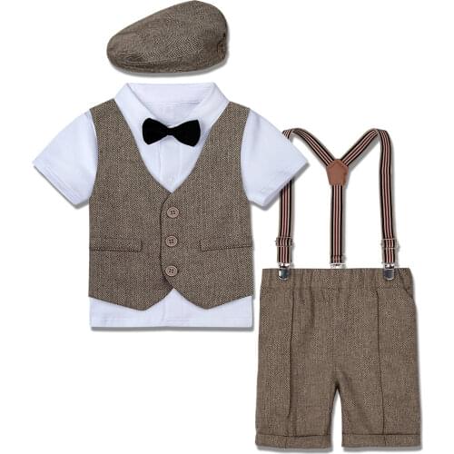 Baby Boys Outfits Set Infant Formal Suit Toddler Wedding Birthday Party Costume Blazer Gentleman Suit Shirt Shorts Vest Hat 4pcs
