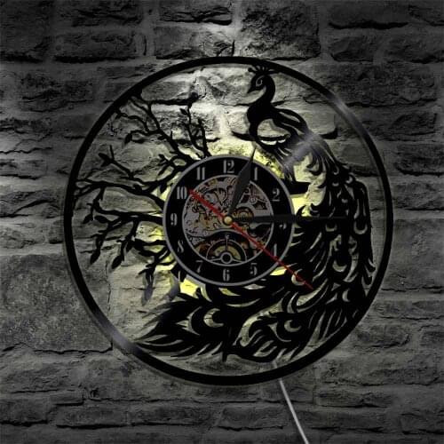 Beautiful Peacock Feather Vinyl Record Wall Clock Wild Animals Nature Creature Birds Wall Art Hanging LED Wall Light Home Decor