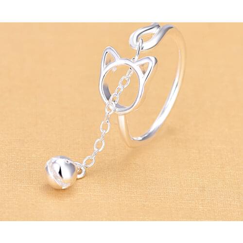 Factory Wholesale Price 925 Sterling Silver Open Cat With Bell Charm Rings Jewelry