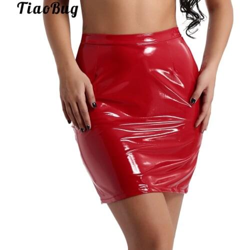 TiaoBug Autumn Winter Womens Ladies Shiny Wet Look PU Leather Bodycon Knee-Length Skirts Party Nightwear Clubwear