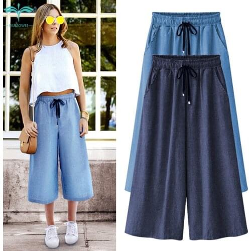 OUMOWEI Womens New Autumn Jeans Loose Casual Wide Leg Pants Solid Color High Waist Pants M to 6XL Size