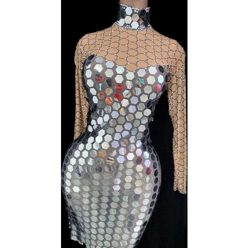Sexy Hive Elastic Mesh Perspective Sequin Dress Women Graduation Party Bodycon Pencil Dress Cocktail Jazz Dance Dress Costumes
