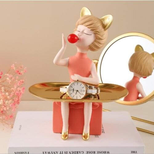 Modern Cute Resin Cat Ears Bubble Girl Storage Tray Sculpture Dining Table Crafts Decoration Home Livingroom Desktop Ornaments