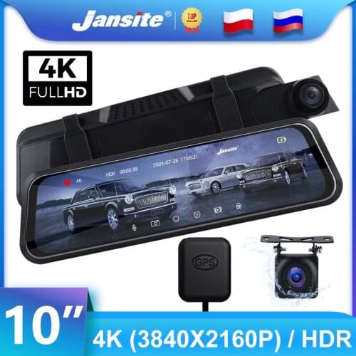 Jansite 10" Car DVR 4K Dash cam Video Recorders Mirror Touch Screen Time-lapse Video 3840X2160P Registrars Built-in HDR Rear Cam