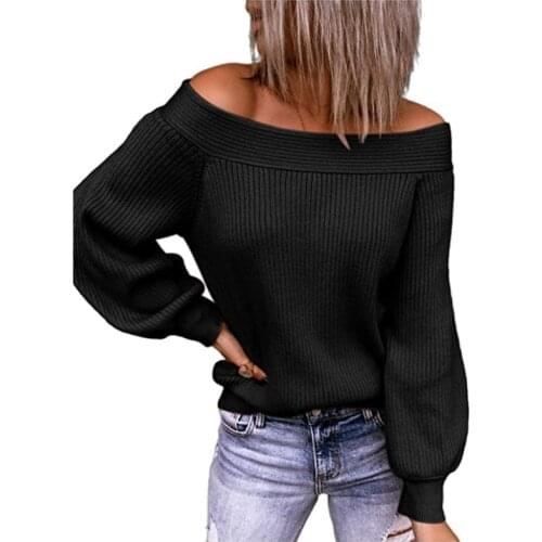 Big Size Loose Fashion Soft Knitwear Strapless Slash Neck Knit Sweater Autumn Winter Solid Color Pullover Women High Quality Top