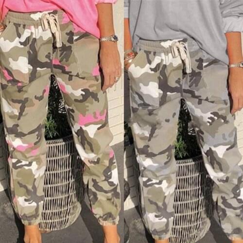 2020 Gray Camouflage Print High Elastic Waist Full Length Camo Cargo Pants Women Clothes Sweatpants Casual Loose Trousers