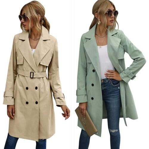 Womens Trench Coat Korean Style Double Breasted with Belt Long Lady Duster Coat Female Trench Winter Womens Windbreaker