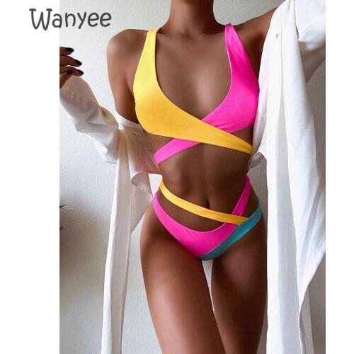 Womens Summer Sexy Swimwear Bikini Set Bandage Cross Wrap Swimsuit Hollow High Waisted Bathing Beachwear Siamese Lady 2021 New