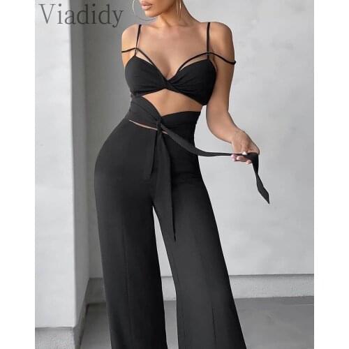 Women Sexy Black Off Shouler Cutout Design Front Lace -up Wide Leg Jumpsuit