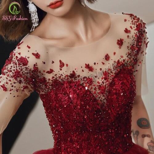 SSYFashion New Elegant Banquet Wine Red Evening Dress for Women Lace Appliques Beading Long Prom Formal Gown Vestidos De Noche